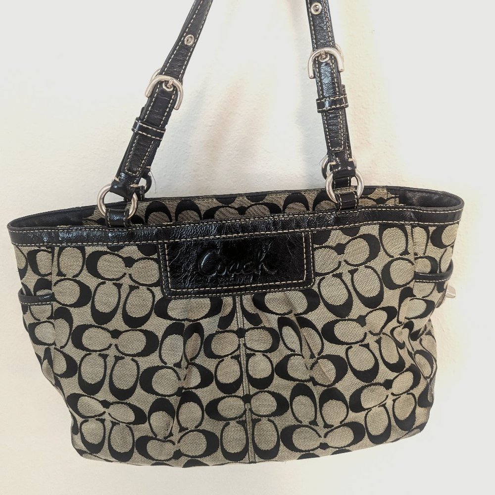 COACH Signature Logo Canvas, Leather Shoulder Bag Tote Handbag F14281